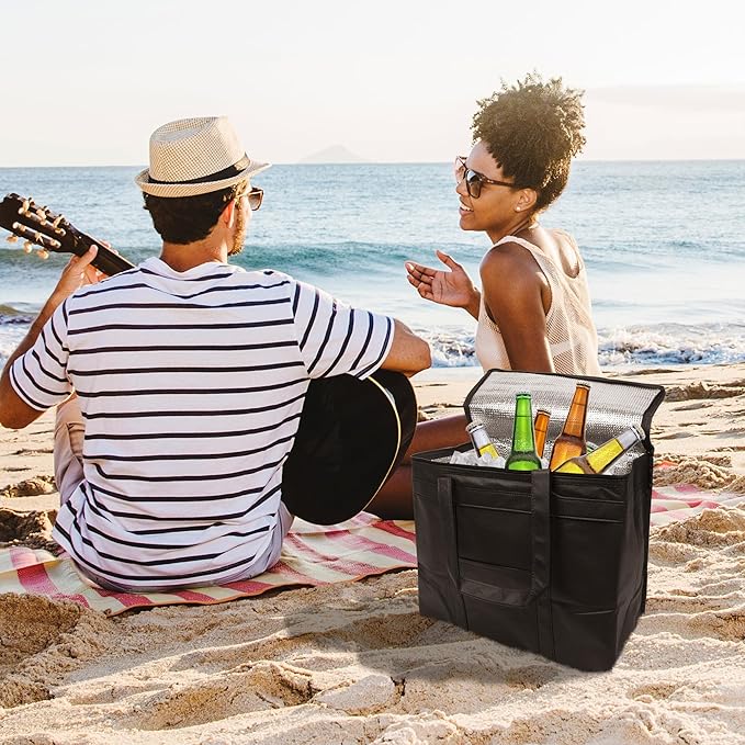 Black Insulated Food Delivery Bag. Insulated Grocery Bags with Zippered Top. Foldable Catering Bag for Food Deliveries. Heavy Duty Cold Bags for Groceries