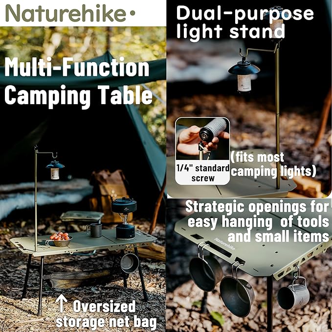 Naturehike Folding Camping Table with Adjustable Height 110lbs Capacity Lightweight Portable Folding Table with Mesh Storage Net &amp Carry Bag for Camping Hiking Beach Picnic Travel (Green L s
