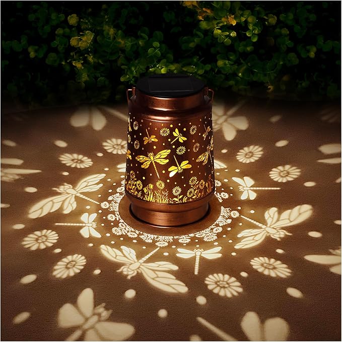 2 Pack Dragonfly Solar Lanterns Outdoor Waterproof Rose Garden Decor Gifts for Women Mom Grandma Hanging Solar Lights Metal Lantern Decoration Outside for YardPatioBackyardPorch