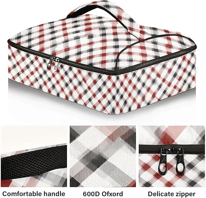 Casserole Carrier Red and Black SquaresInsulated Casserole Carrier for Hot or Cold Food Thermal Lunch Tote for Potluck Parties Picnic Beach Fits 9 x 13 Inches Baking Dish