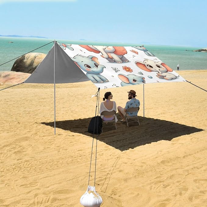 Cartoon Elephant Design Camping Sun Shelter Beach Tent Portable Beach Sun Shade Outdoor Canopy for Camping Trips Fishing Picnic