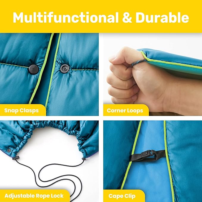 UNIKOME Waterproof Puffy Camping Blanket - Lightweight Packable Outdoor Quilt with Snaps &amp Corner Loops Warm Compact Blanket for Cold Weather Hiking Picnic Stadium Travel 75×52 Lake Blue&amp