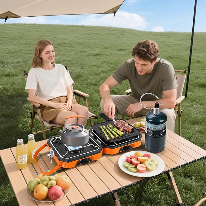 Dollate 2-Burner Propane Stove with Griddle and Carrying Bag Portable Foldable Camping Stove with 2 Adjustable Burners 16000 BTUsfor Camping Tailgating Essentials Gear (Orange)
