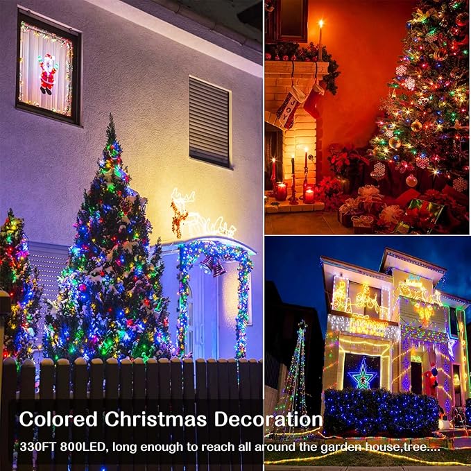 Christmas Lights Outdoor 800LED 330FT Multicolor String Lights 8 Modes Timer Plug in Waterproof Indoor Outdoor Christmas Lights for Christmas Wedding Garden Yard Party Tree Decoration