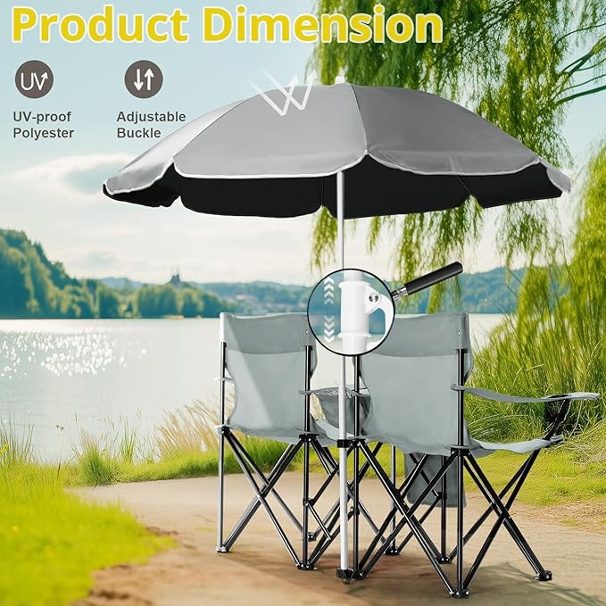 Double Camping Chair with Umbrella Portable Folding Beach Chairs Cup Holders Gray
