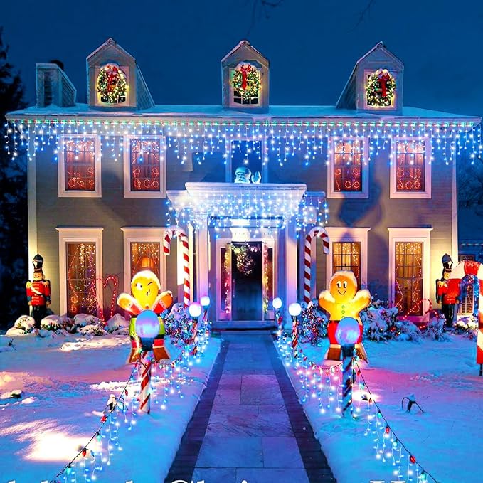Icicle Lights for Outside 33FT 400 LED Icicle Christmas Lights Outdoor with Waterproof 8 Modes Plug in Timer String Twinkle Light for Indoor Home Roof Window Yard Wedding Decorations Blue and White