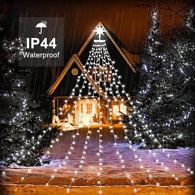 PUHONG Christmas Lights Outdoor Christmas Decoration String Lights16.4Ft 320 LED Tree Lights [8 Modes &amp Waterproof] with 11 Lighted Star for Halloween Xmas New Year Holiday Birthday (White)