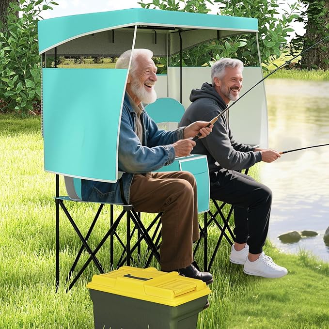 Goplus Double Beach Chair w/Adjustable Canopy Oversized Folding Camping Chair w/Roll-up Shade Cooler Bag Cup Holders Carrying Bag 2-Person Portable Loveseat for Sports Fishing (Turquoise)