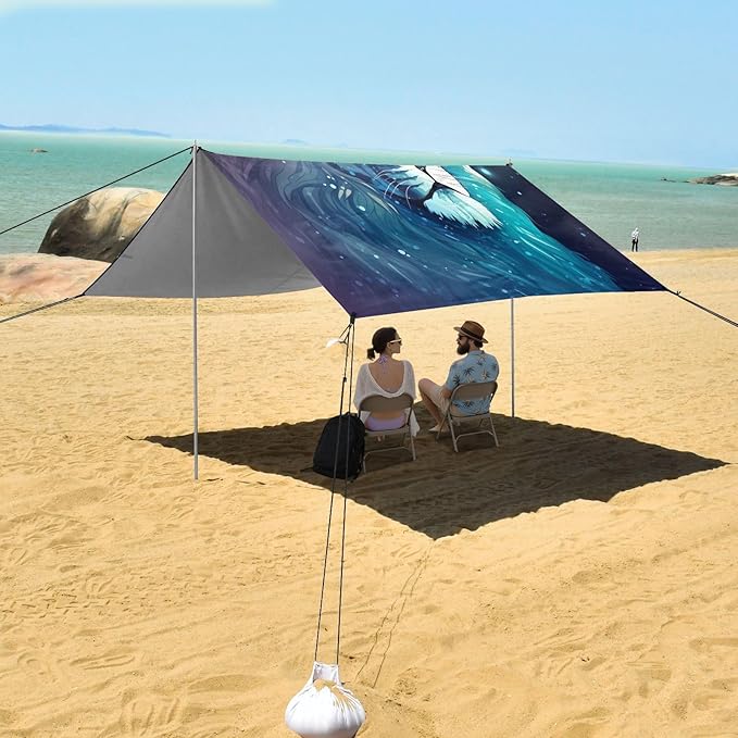 Linear Lion Blue Beach Tent Sun Shelter 9.2' x 10.5' Beach Canopy with 4 Sandbags 4 Stability Poles Sand Shovels - Tent Canopy for Beach Camping Fishing Picnics