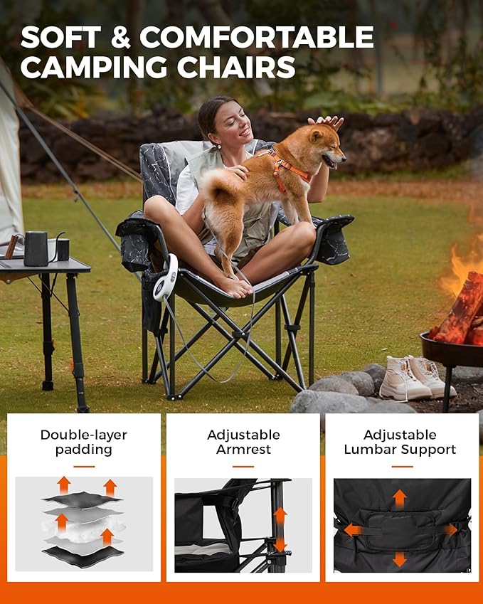 KingCamp Oversized Camping Folding Chair Heavy Duty 450 LBS with Lumbar Support Padded seat with Cup Holder&ampCooler Bag Ideal for Camp Fishing Sports Event Backyard Patio Lawn