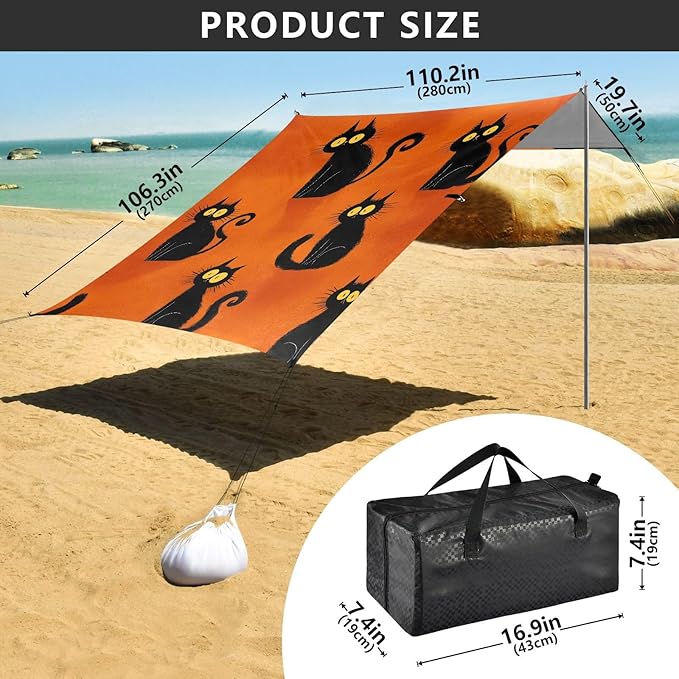 ALAZA Black Cat Orange Background Pattern Beach Tent Sun Shelter UPF50+ Protection Beach Shade Canopy w/ 4 Sandbags for Outdoor Camping Fishing Backyard Fun Picnic 10x9 ft