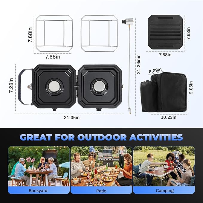 Adjustable 2 Burner Portable Camping Stove Propane (16000 BTU) with Camping Grill and Carrying Bag Folding Propane StoveGas Camping Stove with Piezo Ignition for Camping Backyard BBQ Black