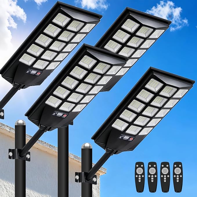 Jercoda Solar Lights Outdoor Waterproof 6500K Dusk to Dawn Solar Street Light Motion Sensor with Remote Solar Powered LED Security Flood Light for Outside Garden Yard Parking Lot Pathway 4PACK