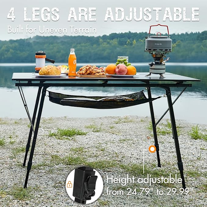 PORTAL Camping Table Portable Foldable with Adjustable Legs Aluminum Folding Table Roll Up Table with Carrying Bag for Outdoor Beach Picnic Backyards BBQ and Party Black Big