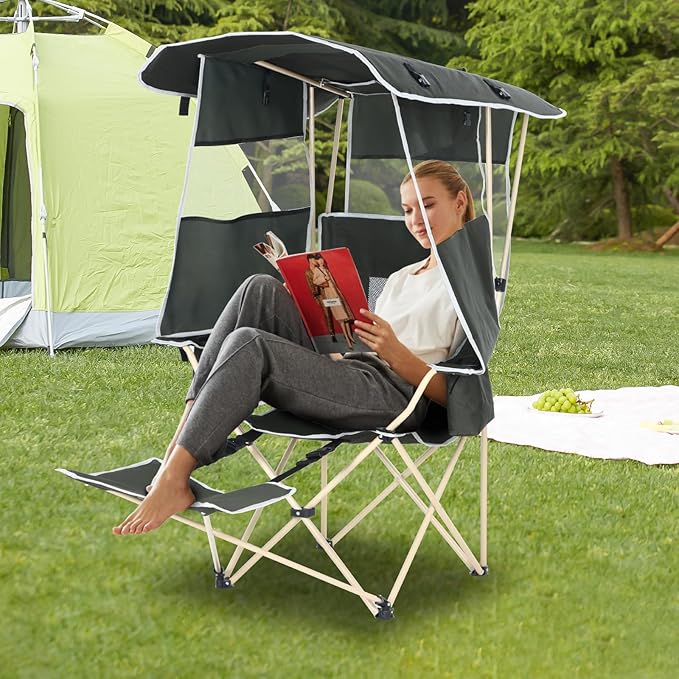 Camping Chair with Canopy Sports Chairs for Adults Canopy Chair with Removable Footrest Ice Fishing Chair with Cupholder Cooler Heavy Duty for Outdoor Activities(1 Pack)
