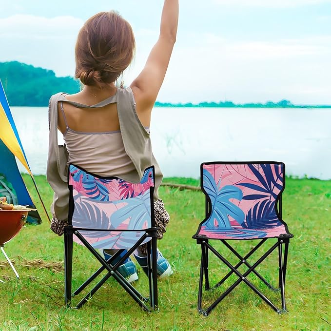 KLL Pastel and Blue Palm Leaves Folding Heavy Duty Camping Chairs Ultralight Compact Folding Chair with Carrying Bag Lawn Chairs for Concert Sports