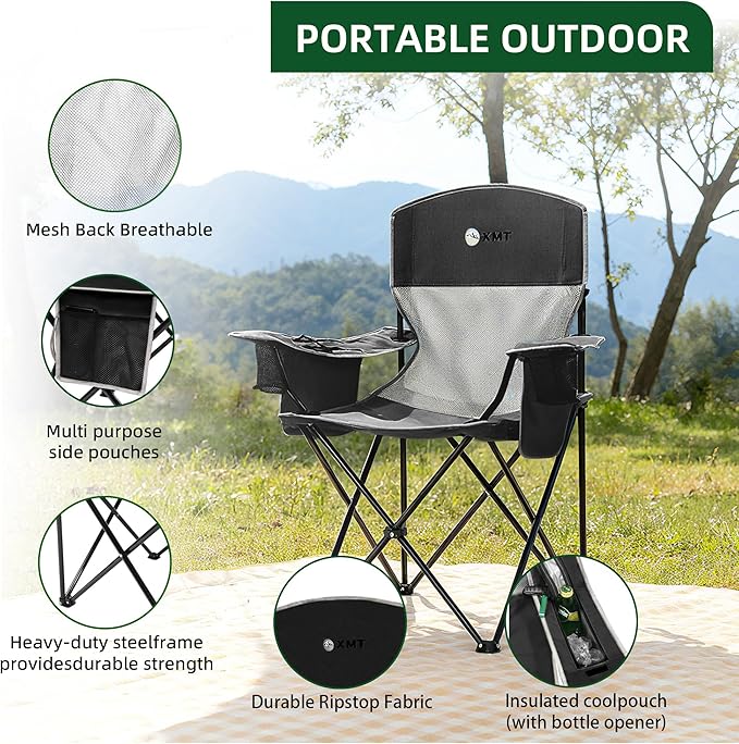 Portable Outdoor Folding Chair with Cup Holder &amp Cooler Bag - Breathable Mesh Wide Armrests Ergonomic Design for Camping Beach Backyard - Includes Storage Bag &amp Bottle Opener (Black/Green/