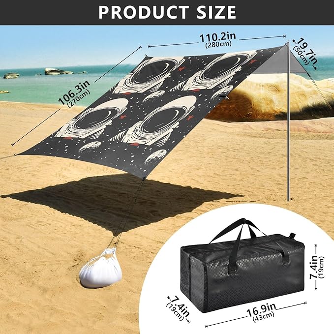 ALAZA Astronaut Portrait Moon Starry Sky Beach Tent Sun Shelter UPF50+ Protection Beach Shade Canopy w/ 4 Sandbags for Outdoor Camping Fishing Backyard Fun Picnic 10x9 ft
