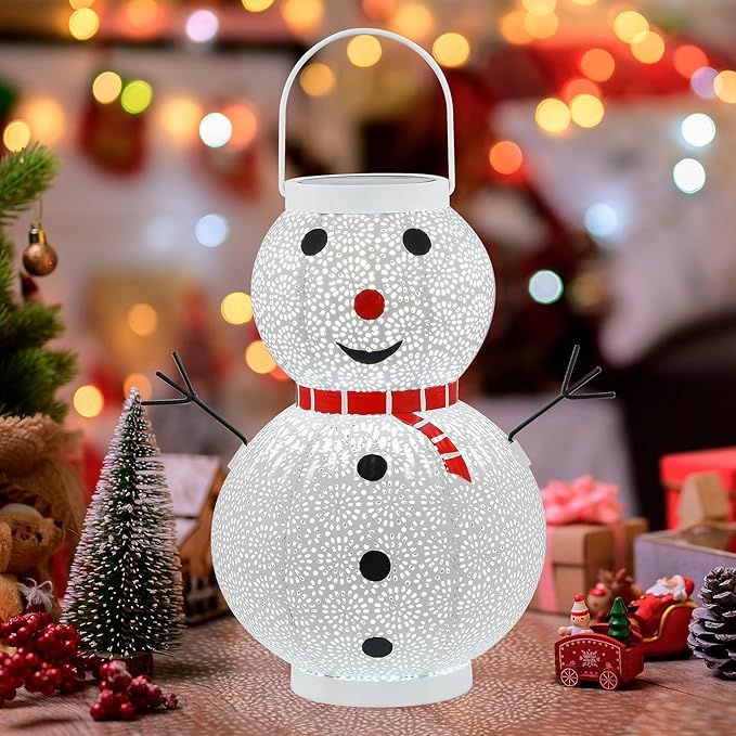 Christmas Decorations Snowman Solar Lantern - Snowman Solar Hanging Lantern Outdoor Waterproof -Metal Standing Solar Powered LED Lantern Decorative Lights for Outside Garden Yard Porch - White