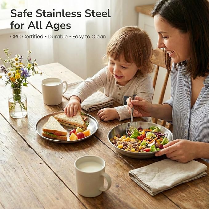Premium 304 Stainless Steel Plate Set with Lids (2-Pack) – 8.3” Deep Metal Dinnerware for Adults &amp Kids – Durable Stackable Meal Prep Home &amp Camping Dish – Hygienic &amp Unbreakable
