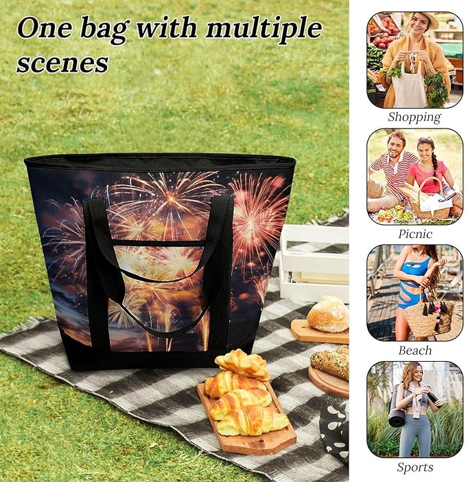 Insulated Shopping BagLarge Reusable Cooler Bags Beautiful Fireworks Printed Foldable Shopping BagTravel Waterproof Shoulder Bag