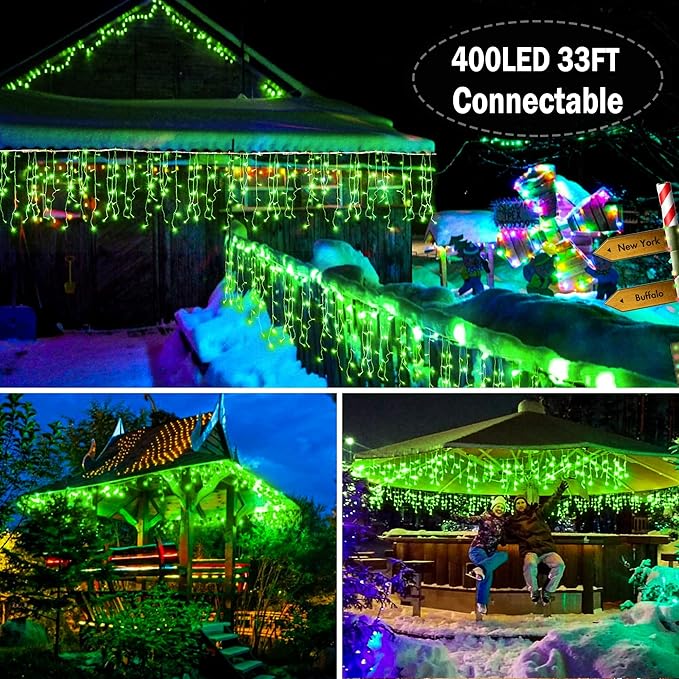 KNONEW Christmas Lights Outdoor Decorations 400 LED 33ft 8 Modes Curtain Fairy String Light with 75 Drops Clear Wire LED String Light Indoor Decor for Wedding