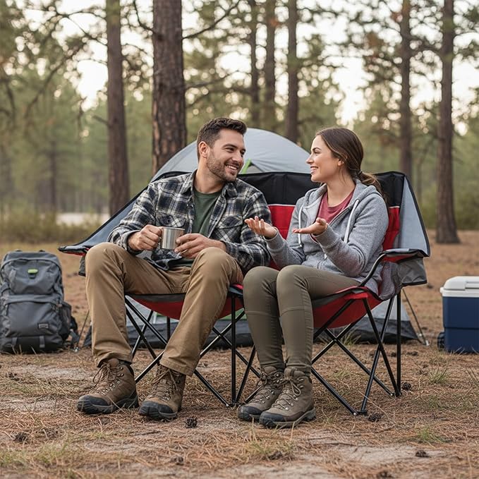 Double Camping Chair Outdoor 2-Seater Oversized 2 Person Portable Folding Lawn Chair with Cup Holders &amp Mesh Storage Pocket for Picnic Camping Beach Sports Hiking