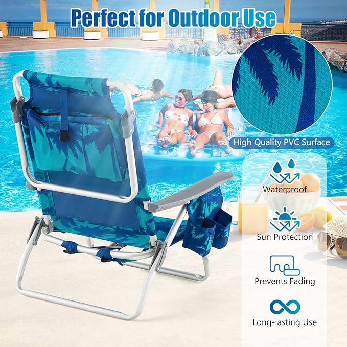 GYMAX Beach Chairs Backpack Camping Chair with Armrest Cooler Bag Cup Holder Towel Bar &amp Side Pockets Sunbath Sling Tanning Lounge Folding Layout Chair (Without Table Coconut Tree)