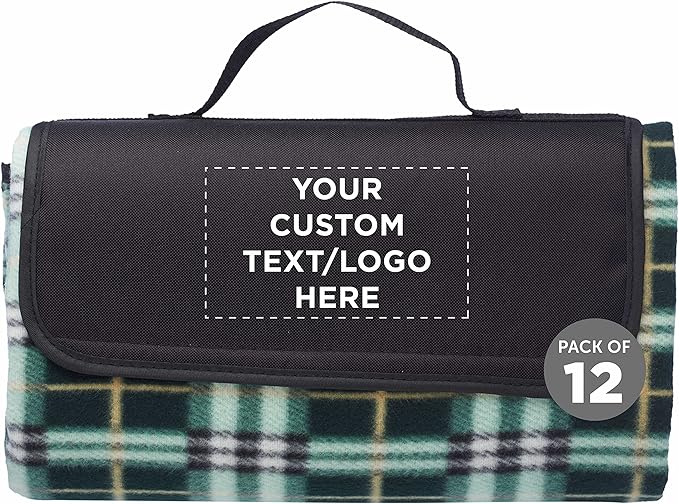 DISCOUNT PROMOS Custom Brookhaven Roll Up Picnic Blankets Set of 12 Personalized Bulk Pack - Great Outdoor Blanket for Camping Picnic Beach Sports Outdoor Activities - Green