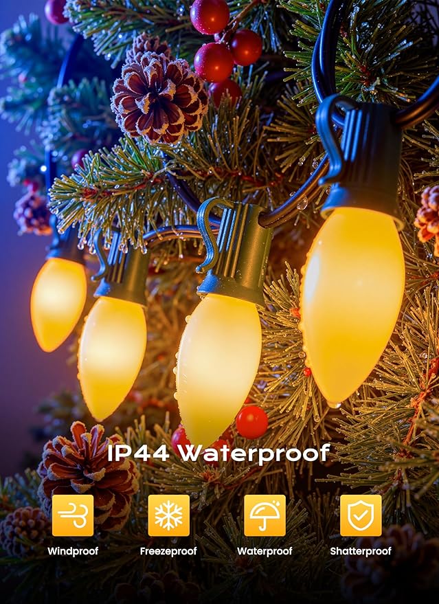 Brightown C9 LED Christmas Lights Outdoor 50 FT 50 Warm White Connectable C9 String Lights for Christmas Tree Patio Roofline Garden Backyard Holiday Party Indoor Outdoor Decoration Green Wire