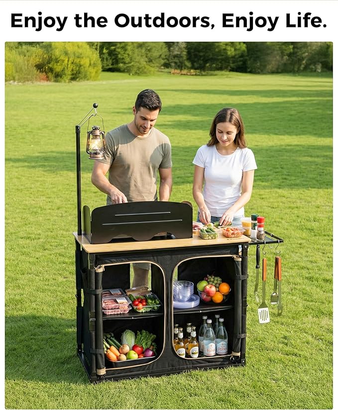 KingCamp Bamboo Camp Kitchen Station Folding Overland Camping Kitchen Table Hooks Portable Outdoor Cooking with Adjustable Lantern Pole &amp Windshield Storage Organizer for Tailgating BBQ Picnic RV