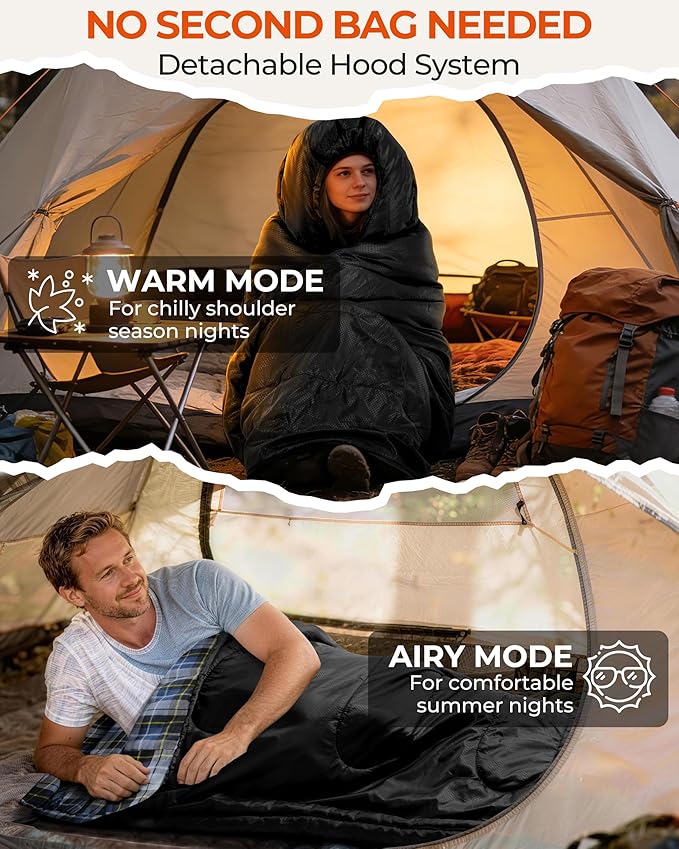 Sportneer 0 Degree Sleeping Bag for Cold Weather XL Winter Sleeping Bag for Adults Flannel Lined Camping Sleeping Bag 32°F–59°F Rated 87 x 33.5 4.4 lbs Detachable Hood Compression Sack
