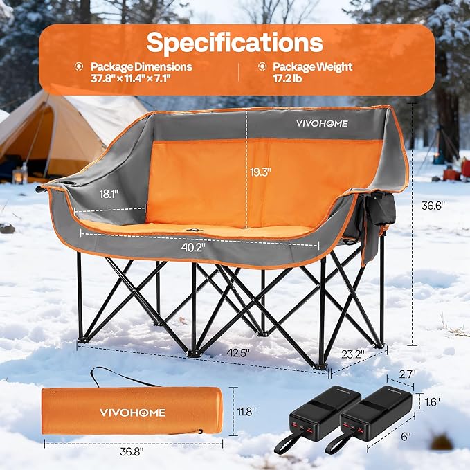 VIVOHOME 45W Padded Heating Double Camping Chair with 2 x 27000mAh Power Bank Heated Oversized Portable Loveseat for Outdoor Sports 3 Levels of Heat Overheat Protection System Orange and Gray