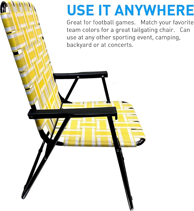 Lawn Chair Folding Steel Webbing Chaise Patio Lounger Seat Wood Handles Great for Camping Beach Fishing Backyard Stadium Pool Boating and Sports 1 Pack Yellow Stripes