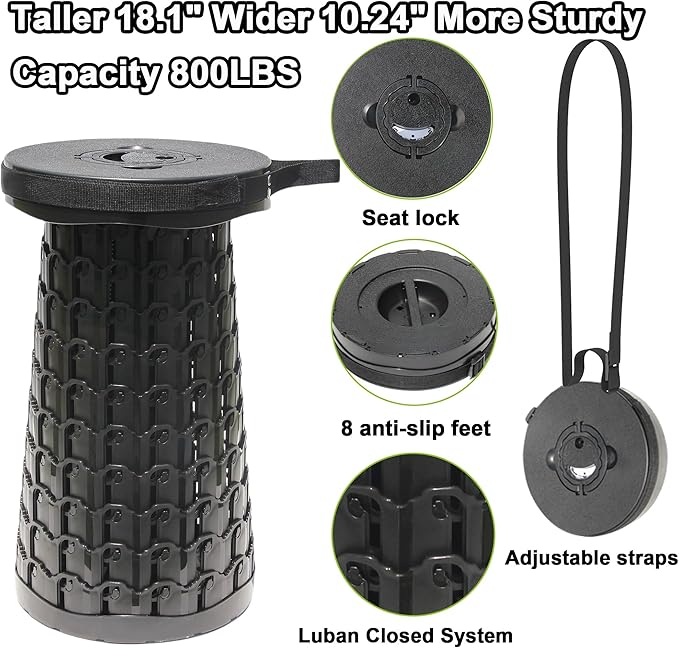 2026 Upgraded Taller 18.1 Wider 10.2 Collapsible StoolMax Load Capacity 800lbsMore Sturdy&amp Portable Retractable Folding StoolsAdujstable Telescoping Stools for Adults Camping &amp Outdoors B