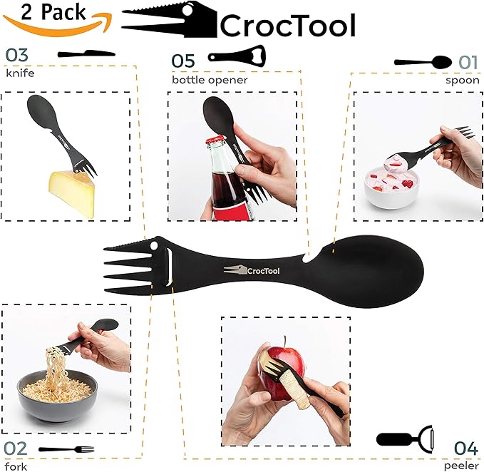 Spork Ultra Lightweight and Strong 5 in 1 Camping Utensil Set-Spoon+Fork+Knife+Peeler+Bottle Opener+Bag+Carry case. Ideal for Outdoors Home or Office