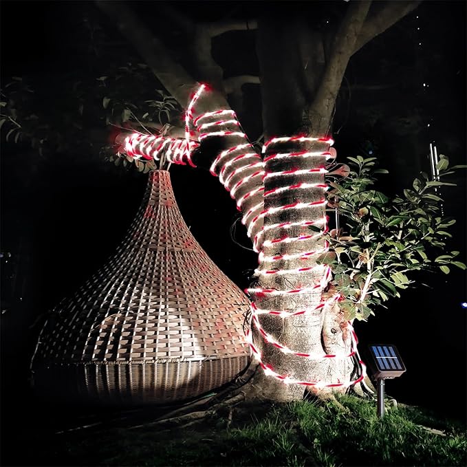 QITONG Solar Christmas Lights 2 Pack Each 33ft 100 LED Red &amp White Candy Cane Rope Light Outdoor Waterproof 8 Modes Fairy Lights in Clear Thin Tube