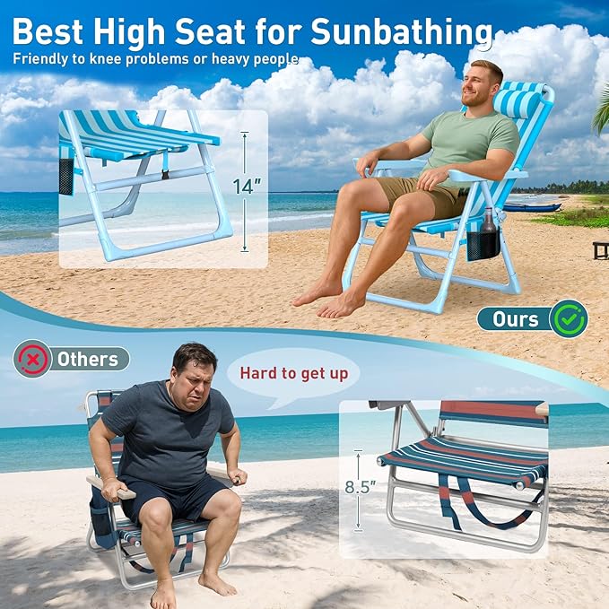 Suteck Backpack Beach Chair 6-Positions Beach Chairs for Adults with Cooler Bag Reclining Beach Chair with Cup Holder Folding Camping Chair for Sand Outdoor