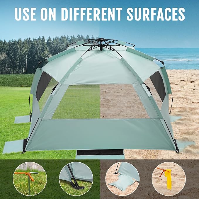 WhiteFang Deluxe Pop Up Beach Tent Sun Shade Shelter for 3-4/5-6 Person UV Protection Extendable Floor with 3 Ventilating Windows Plus Carrying Bag Stakes and Guy Lines