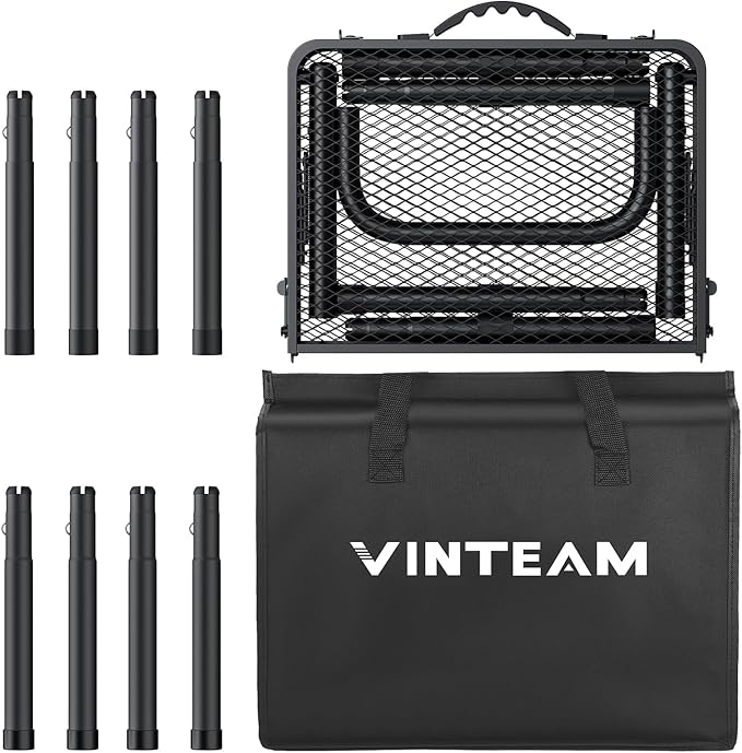 VINTEAM Camping Folding Grill Table | 3 Adjustable Heights | Lightweight Portable Aluminum Table for BBQs Picnic and Outdoor Use | Mesh Desktop 66lbs Weight Capacity
