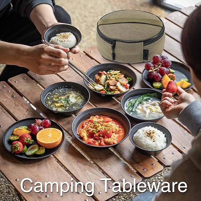 Camping Plates - Reusable Stainless Steel Dishes Heat Resistant Outdoor Flatware Set With Carry Bag Compact Lightweight | Durable Tableware For Picnic Backpacking Hiking And Trips