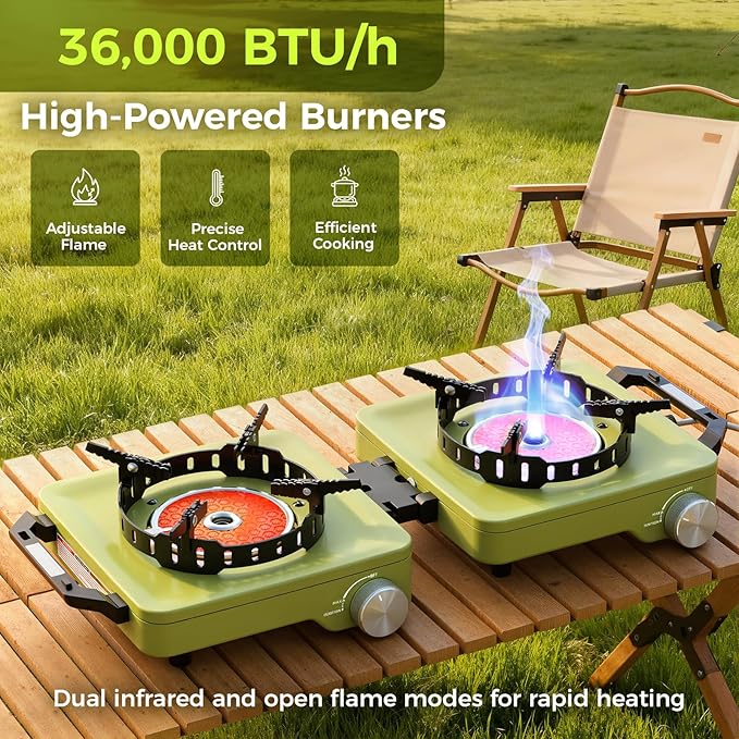 MoKo Propane Camping Stove 2 Burner 36000 BTU Infrared &amp Open Flame Hybrid Windproof Folding Portable Outdoor Gas Cooking Kit with Frying Pan &amp Carry Bag For RV Tailgating Survival Green