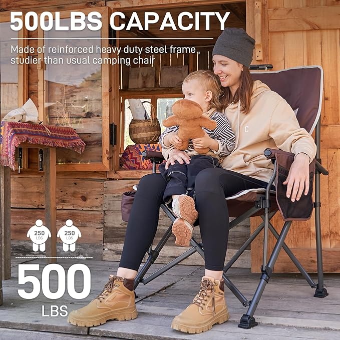 EVER ADVANCED Oversized Folding Camping Chair for Adults Heavy Duty Lawn Chair with Side Pockets Portable Collapsible Quad Chair for Outside Support Up to 500lbs Red
