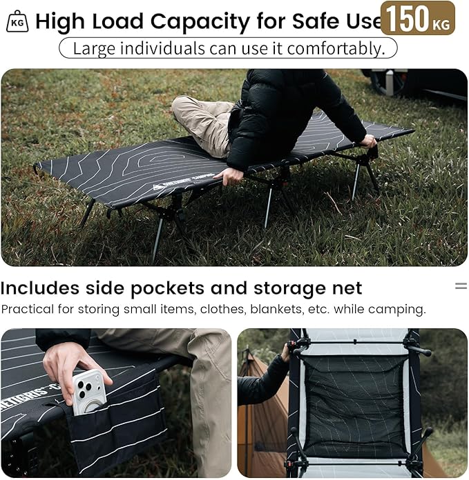 ONETIGRIS SUPRANUBIS Camping Cot Height Adjustable with Cot Leg Extenders Strong Support 330lbs Lightweight Comfortable Folding Bed for Camping Hiking Travel Truck Beach Office Nap