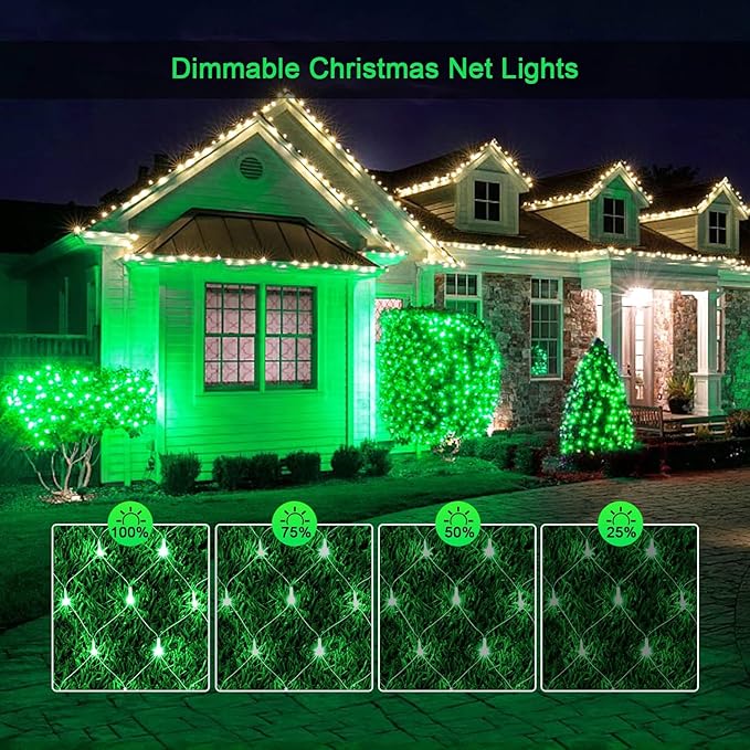 JMEXSUSS Green Christmas Net Lights 360 LED 12ft x 5ft Bush Lights Outdoor Plug in 8 Modes with Remote Connectable for Christmas Patrick Day Decorations Clear Wire