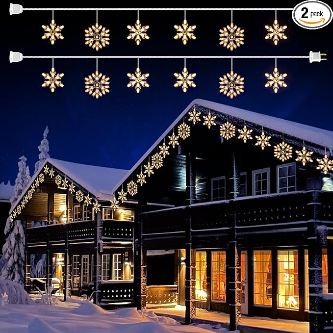 Minetom Snowflake Christmas String Lights - 2 Pack 6 Drops 8.8 Ft. 100 Mini Bulb Snowflake Icicle Lights with Hooks Connectable Hanging Lights for Xmas Rooftop Home Indoor Outdoor Party Wedding