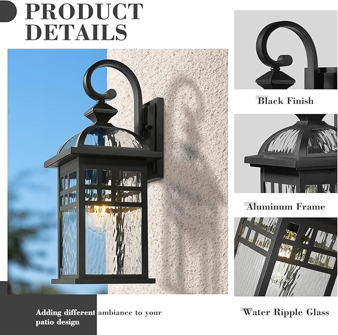 Emliviar Black Exterior Lighting Fixture 22 Inch Farmhouse Outside Lights for House with Water Ripple Glass DE281B-M BK-WP