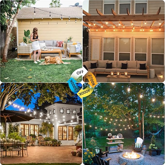 Mlambert 96Ft(2x48ft) 3-Color in 1 48Ft LED Dimmable Outdoor String Lights with Remote Plug-in 2700K/4000K/5000K Waterproof Lights for Patio Cafe