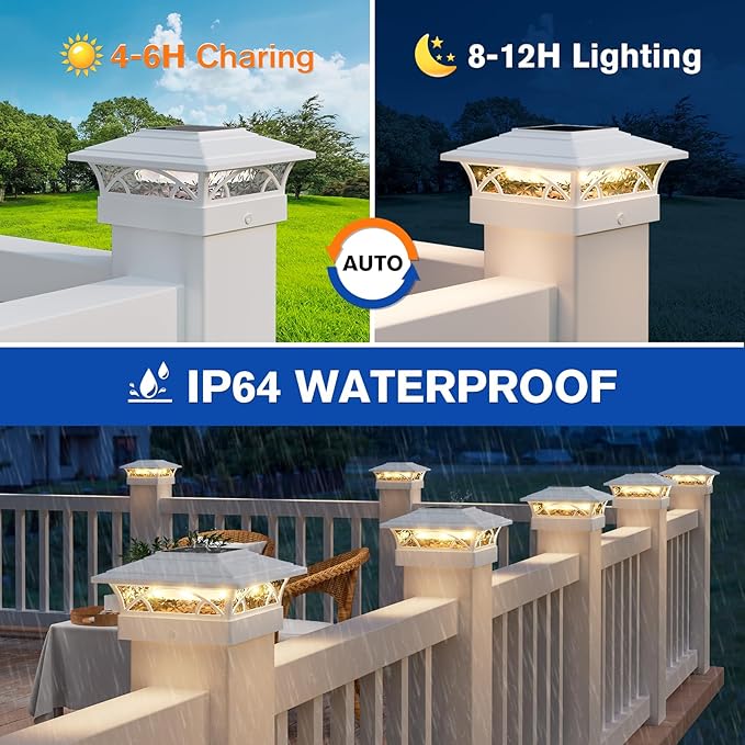 APONUO Solar Post Cap Lights 6 Pack - 4x4 5x5 6x6 Fence Post Lights Auto On/Off Waterproof IP64 2-Mode (Warm/Cool White) Deck Patio Yard Solar Light for Wood &amp Vinyl Posts White
