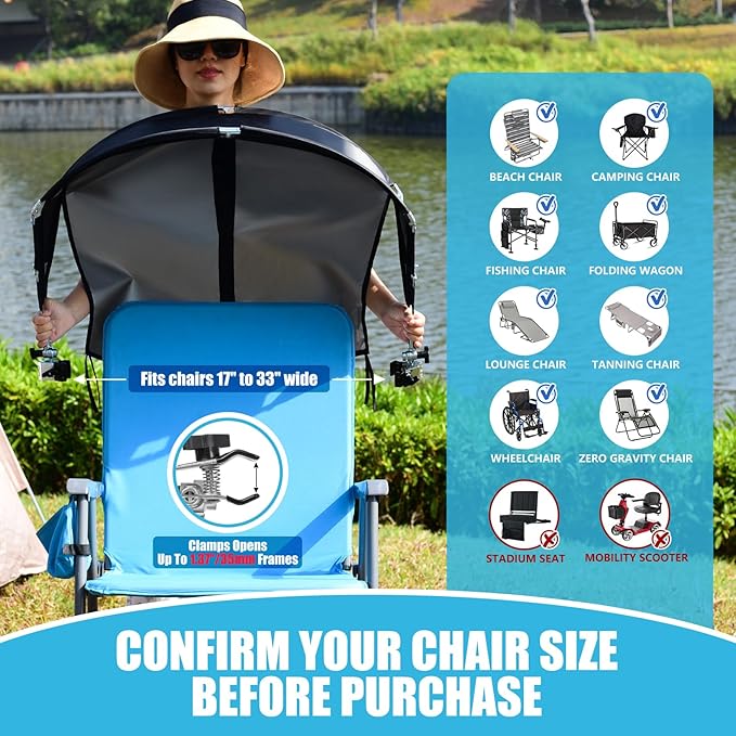 Universal Chair Umbrella Canopy UPF 50+ Chair Sun Shade Attachment with Adjustable Clamp Fits Most Brands’ Beach Camping Lawn Wheelchair Tanning Zero Gravity Lounge Fishing Chairs Patented